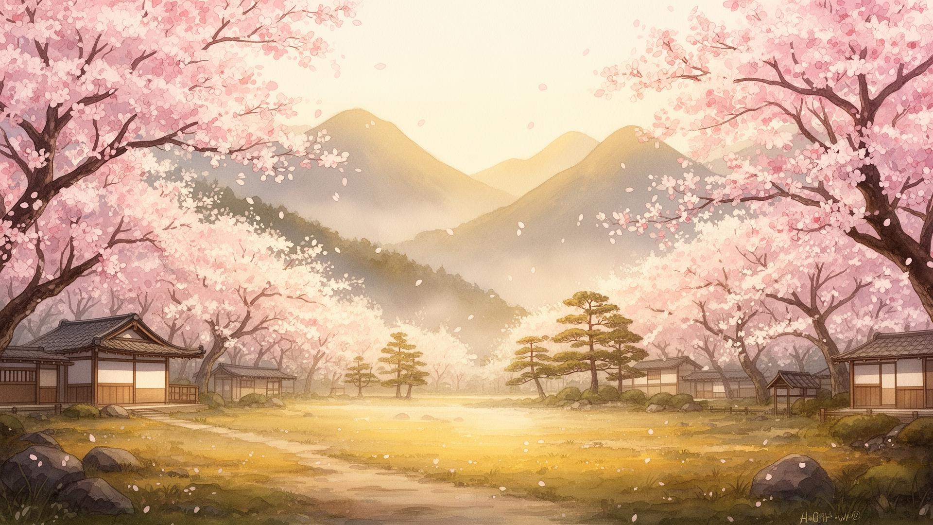 Paisaje japonés con árboles de cerezo en flor